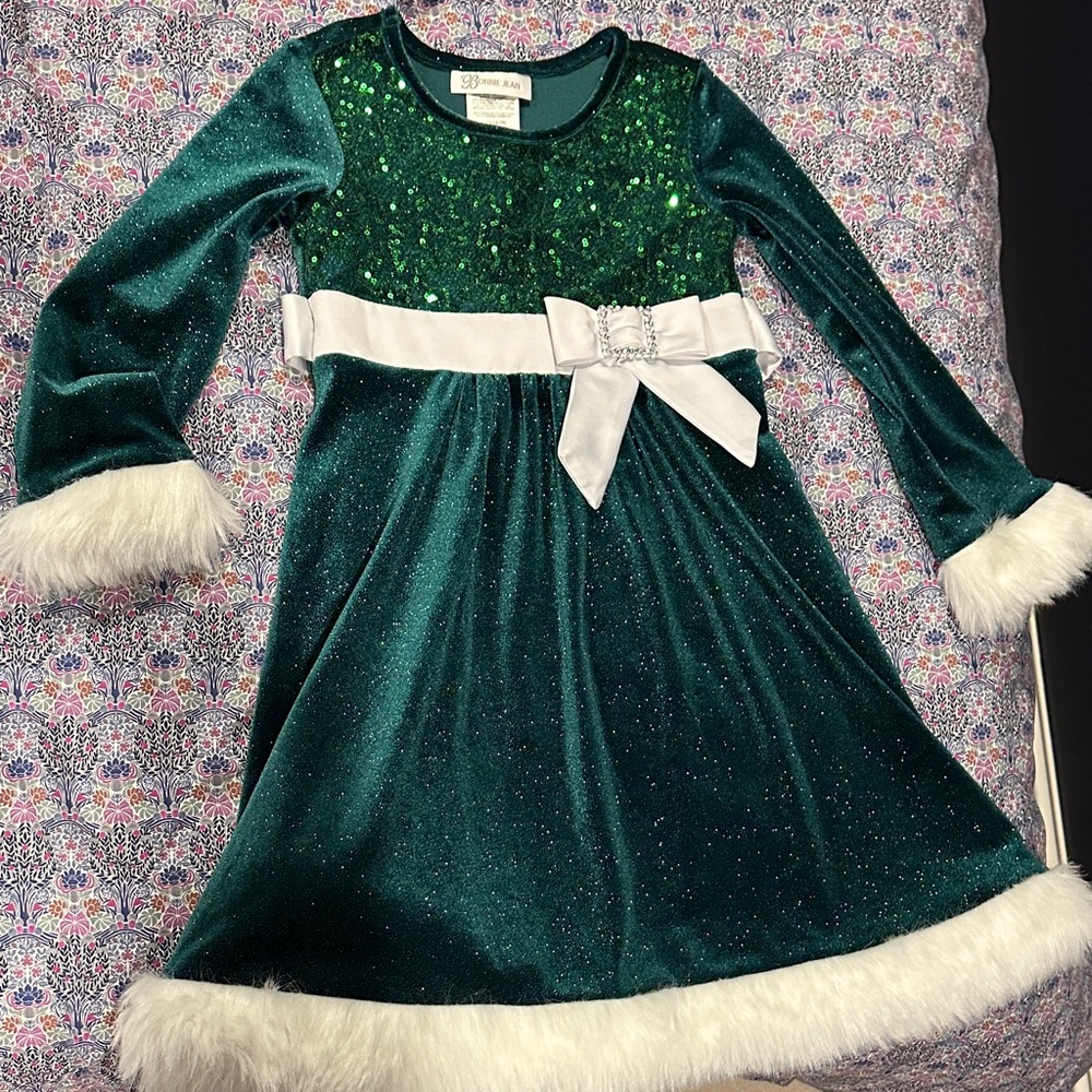 Bonnie Jean Green Velvet Dress with White Accents